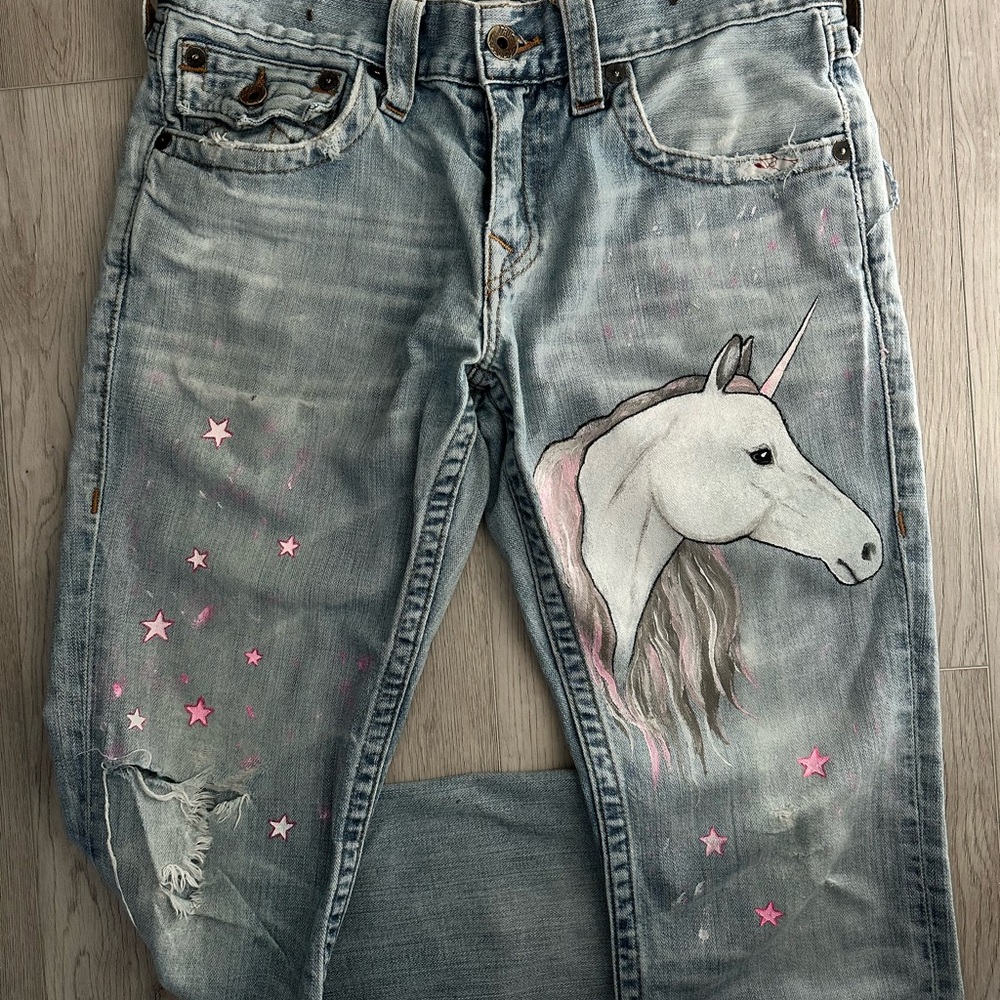 Vintage hand painted jeans / True Religion/ Unicorn horse pattern/ Boyfriends